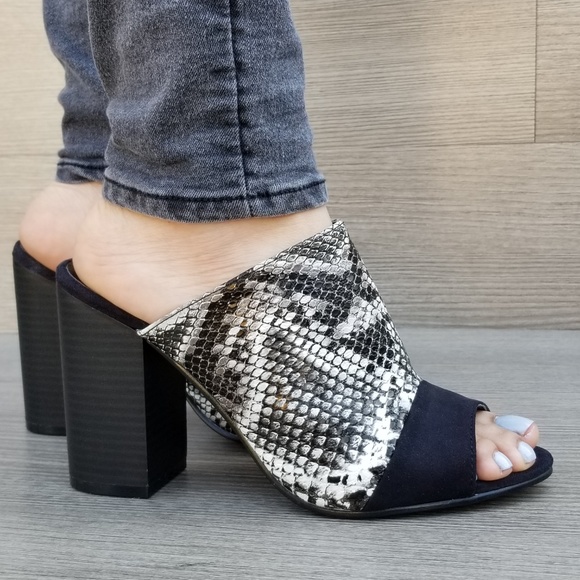 Snake Print Open Toe Slip on Chunky High Heel-P - Picture 7 of 8